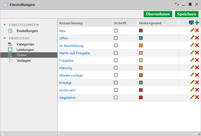 Einstellungen Status