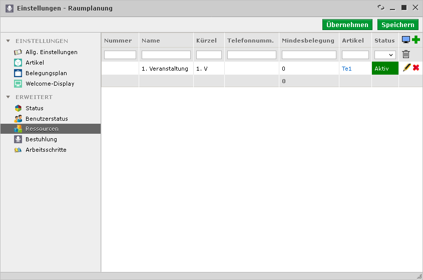 Raumplanung Einstellungen Ressourcen