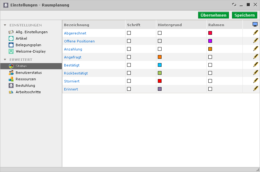 Raumplanung Einstellungen Status