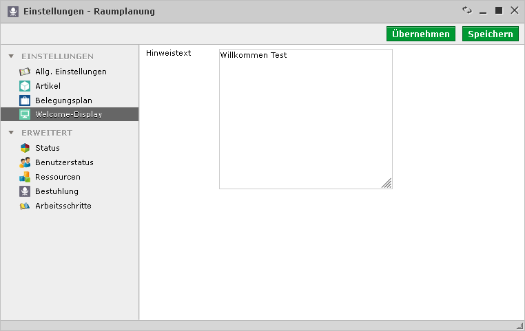 Raumplanung Einstellungen Welcome-Display