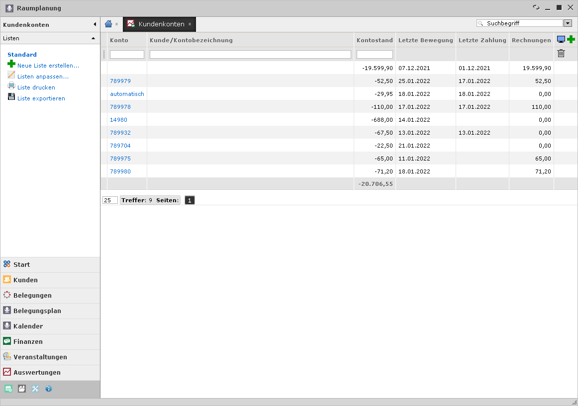 Raumplanung Kundenkonten