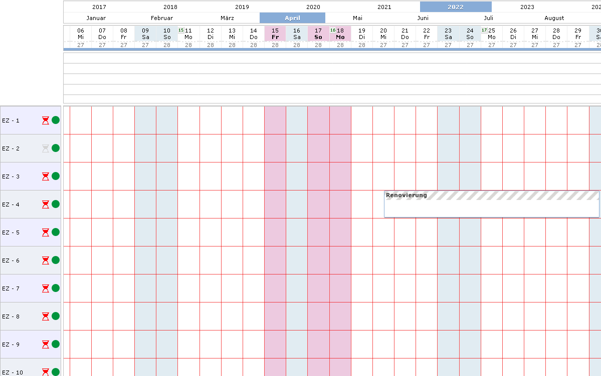 Gesperrter Zeitraum sichtbar auf Belegungsplan