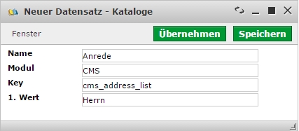 Katalog für Anrede anlegen