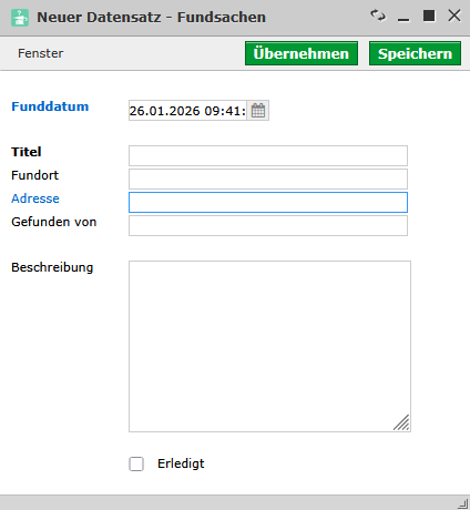 Neuer Fundsachen Datensatz