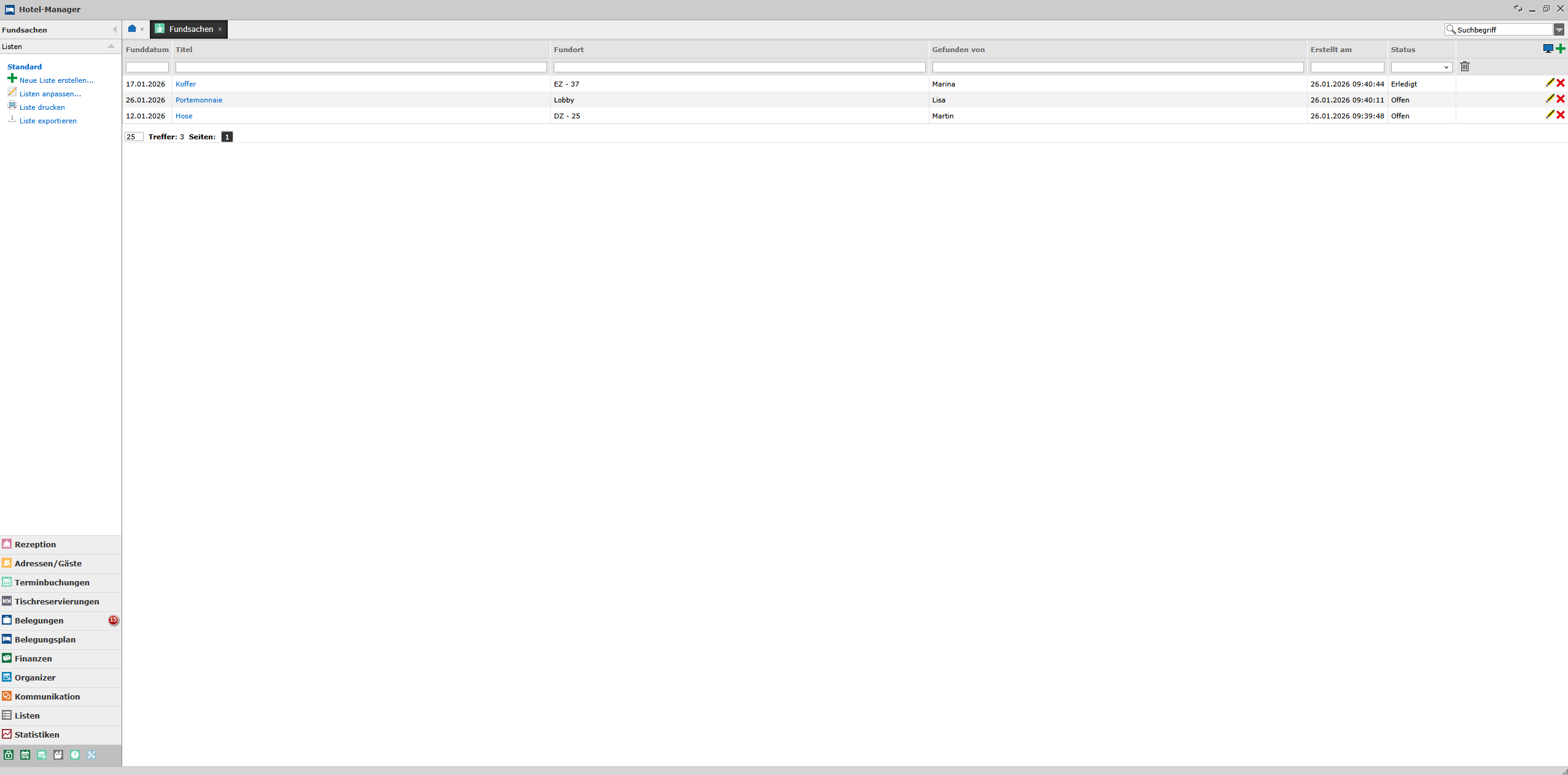 Fundsachen Übersicht