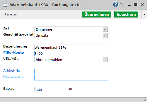 Kassenbuch Buchungstext anlegen