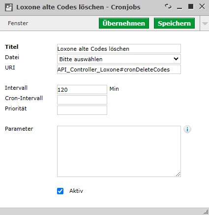 Schnittstelle Loxone Cronjob alte Codes löschen