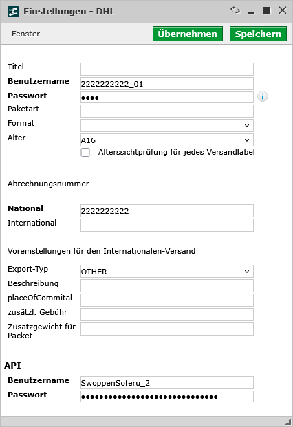 DHL Einstellungen in Swoppen