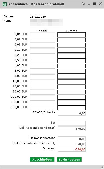 Kassenzählprotokoll